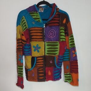 India Boutique Colorful Embroidered Full-Zip Hooded Sweatshirt Women's Size M